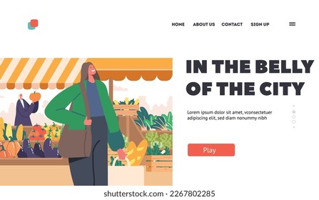 Farmer City Market Landing Page Template. Busy And Bustling Market Represents A Hub Of Food Commerce, Characters Carrying Shopping Bags With A Mix Of Healthy Foods. Cartoon People Vector Illustration