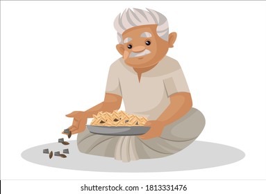 Ilustración gráfica vectorial. El granjero está limpiando granos. Individualmente sobre un fondo blanco.