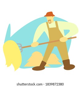 Farmer Cleaning and Planting, Farmer Taking Care, Farmer Placing Hay, Farmer with Pitchfork, Hay Field, Daily Life in the Farm, Daily Life in the Barn