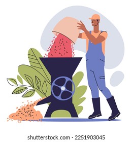 Farmer cleans coffee cherries with a peeler. Concept of cultivation and production of coffee. Dark-skinned man and coffee peeling equipment isolated on white background. Flat style, vector illustratio