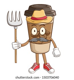 A farmer of coffee paper cup cartoon character holding a pitchfork with funny face