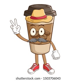 A farmer of coffee paper cup cartoon character with peace hand sign and funny smile face