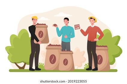 Farmer in coffee plantation supply beans to coffee maker. High quality production chain. Business negotiation. Flat illustration cartoon vector concept design isolated on white background