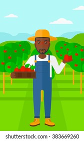 Agricultor recogiendo manzanas.