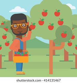 Agricultor recogiendo manzanas.