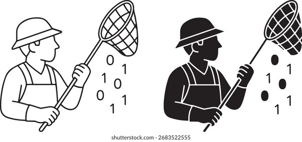 Granjero que recoge datos digitales con la ilustración del icono del concepto neto