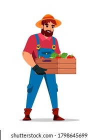 Farmer collecting fresh natural organic vegetable in wood box. Crop harvesting process. Preparation for trade on street farm eco food market. Vector smiling agricultural worker, agrarian working