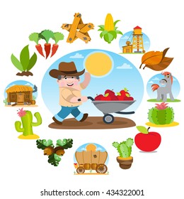 Farmer collects the harvest of apples. Agricultural business. Set of color illustrations on the theme of farming.