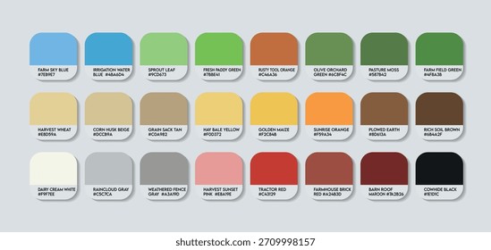 Paleta de colores del agricultor con códigos HEX. Tonos agrícolas rústicos y muestras de color con temática de granja natural. Gráfico de paletas de colores de Antiguas Farmer. Colores orgánicos inspirados en la granja con códigos HEX y nombres Vector