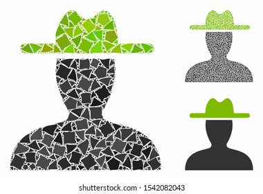Farmer composition of inequal elements in various sizes and color tints, based on farmer icon. Vector trembly elements are grouped into collage. Farmer icons collage with dotted pattern.