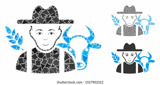 Farmer composition of ragged items in various sizes and color hues, based on farmer icon. Vector inequal dots are combined into composition. Farmer icons collage with dotted pattern.