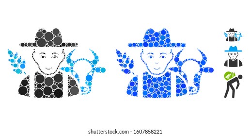 Farmer composition of spheric dots in different sizes and color tints, based on farmer icon. Vector round dots are organized into blue composition. Dotted farmer icon in usual and blue versions.