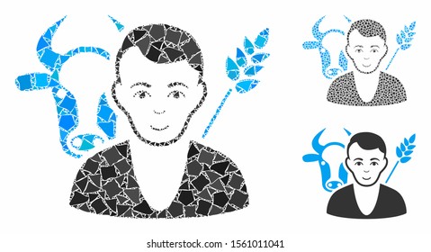 Farmer composition of tremulant parts in variable sizes and color tinges, based on farmer icon. Vector abrupt parts are composed into collage. Farmer icons collage with dotted pattern.