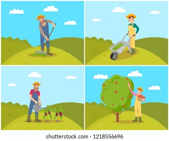 Farmer with compost trolley, male with rake on soil. Watering man with can reservoir and water for plants. Woman gathering fruit from tree vector