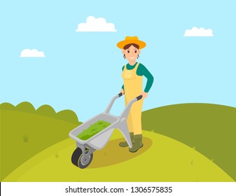 Farmer with compost in trolley vector. Farming woman wearing uniform and hat. Fertilizing ground, lady with cart and fertile liquids in metal carriage