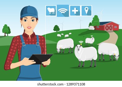 A farmer with a computer tablet is grazing a herd of sheep on a smart farm. Vector illustration
