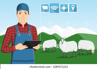 A farmer with a computer tablet is grazing a herd of sheep on a smart farm. Vector illustration