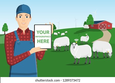 A farmer with a computer tablet is grazing a herd of sheep on a smart farm. White screen, you can add your infographic here. Vector illustration
