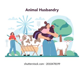 Farmer concept. Animal husbandry business. Farm worker feeding animals. Summer countryside landscape. Flat vector illustration