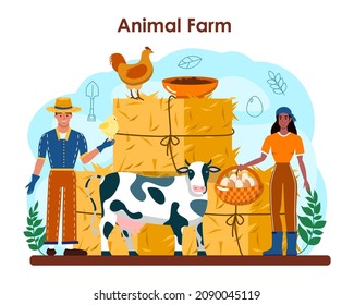 Farmer concept. Animal husbandry business. Farm worker feeding animals. Milk, eggs and meet production. Summer countryside landscape. Flat vector illustration