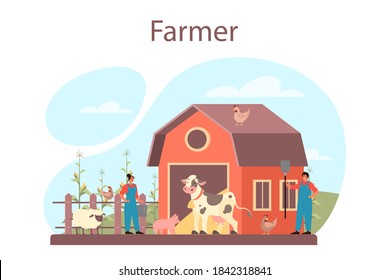 Concepto de agricultor. Trabajador agrícola en el campo, plantas de riego y animales alimentados. Vista del campo de verano, concepto de agricultura. Viviendo en el pueblo. Ilustración plana aislada