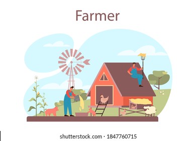Farmer concept. Farm worker on the field, watering plants and feeding animals. Summer countryside view, agriculture concept. Living in the village. Isolated flat illustration