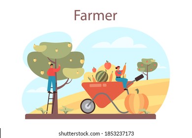 Farmer concept. Farm worker on the field, watering plants and feeding animals. Summer countryside view, agriculture concept. Living in the village. Isolated flat illustration