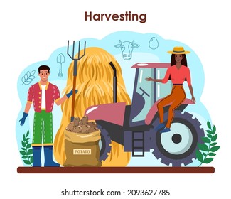 Farmer concept. Horticulture. Farm worker growing plants, vegetables and fruits. Agriculture business. Summer countryside landscape. Flat vector illustration