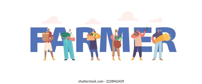 Farmer Concept, Male and Female Characters Farm Workers with Fresh Harvest. Farming, Agriculture, Harvesting Season on Farmland, Ranch or Village Poster, Banner or Flyer. Cartoon Vector Illustration