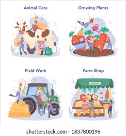 Farmer concept set. Farm worker on the field, growing plants and feeding animals. Summer countryside view, agriculture concept. Living in the village. Isolated flat illustration