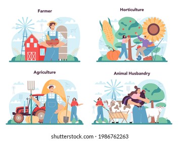 Farmer concept set. Farm worker growing plants and feeding animals. Agriculture and animal husbandry business. Summer countryside landscape. Flat vector illustration