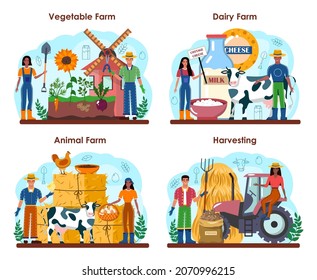 Farmer concept set. Farm worker growing plants and feeding animals. Agriculture and animal husbandry business. Summer countryside landscape. Flat vector illustration