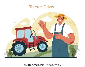 Farmer concept. Tractor worker driving agricultural machinery. Farming and agriculture industry. Harvesting and planting equipment. Flat vector illustration