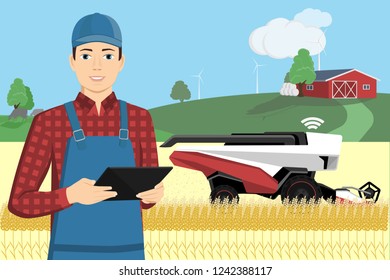 Farmer controls autonomous harvester by tablet computer.