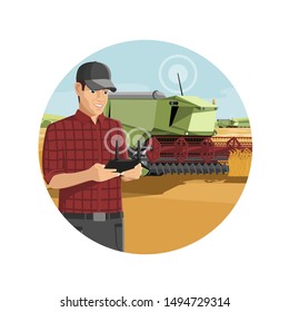 Farmer controls an autonomous harvester on a smart farm. Vector illustration EPS10 