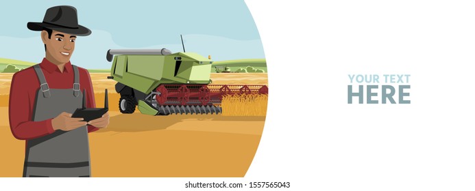 Farmer controls an autonomous harvester on a smart farm. Vector banner template