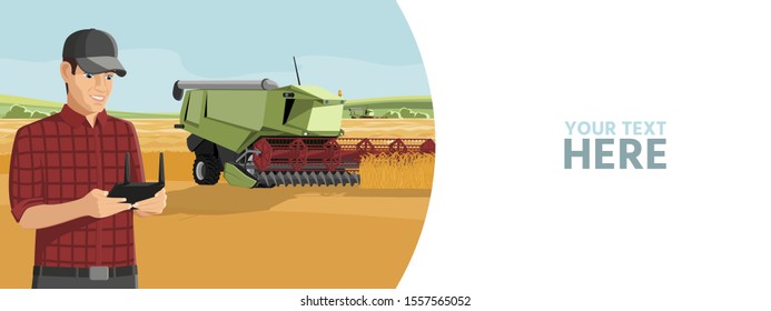 Farmer controls an autonomous harvester on a smart farm. Vector banner template