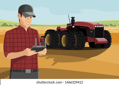 Farmer controls an autonomous tractor on a smart farm. Vector illustration EPS10 