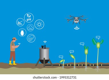 Farmer controls field smart irrigation system with a mobile app on his tablet and drone, Modern farming concept