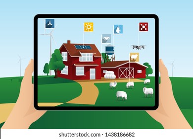 Farmer controls smart farm with tablet. Digital transformation in agriculture. Vector illustration