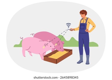 Agricultores controlam fazendas de gado inteligentes via telefone, perto de porcos com chips WiFi nos ouvidos. Tecnologias inovadoras na pecuária e na agricultura graças aos sensores da campanha para a criação de leitões