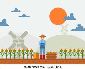 Farmer in cornfield, vector illustration. Simple flat style landscape with man cartoon character working in corn field. Farmland countryside scene, rural landscape, windmills on hills, summer harvest