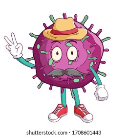 A farmer of corona virus covid-19 cartoon character with peace hand sign and funny smile face