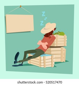 Farmer Countryman Sleeping On Vegetable Boxes Flat Vector Illustration