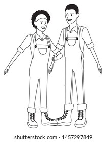 farmer couple afroamerican man and woman with bandana and overall avatar cartoon character in black and white vector illustration graphic design