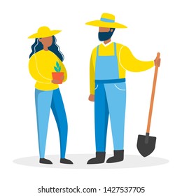 Farmer couple. Female and male agriculture worker. Woman holding plant. Gardening and farm concept. Isolated flat vector illustration