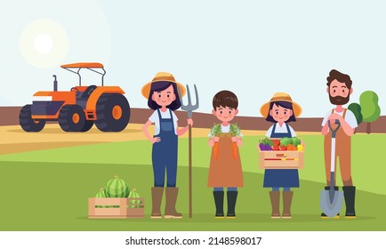 Farmer couple and their children on the background of fields and tractors. Agriculture work. Vector illustration in cartoon style.