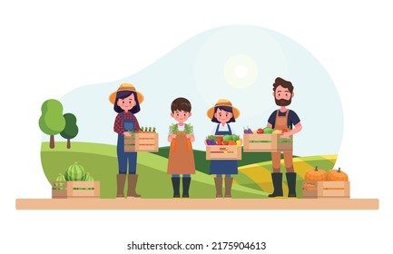 La pareja de agricultores y sus hijos en el fondo de los campos. Trabajo agrícola. Ilustración vectorial en estilo de caricatura