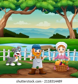 The farmer couple with their harvest on farmland illustration