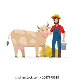 Farmer With A Cow And Bucket With Milk And Hay. Farming Concept Vector Illustration In Flat Design. Happy Farmer And Farm Animal Cartoon Characters Isolated On White Background.
